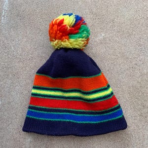 Rare Vintage 80s Striped Wool Knit Ski Stocking Cap Beanie w/ Pom