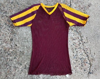 RARE Vintage 70s Deadstock Yellow and Burgundy Striped Mesh T-shirt XL