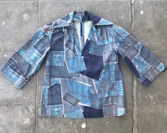 Rare Vintage 70s Denim Blue Jean Print Pullover Polo Shirt M
