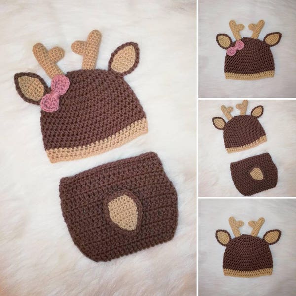 Crochet Deer Hat and Diaper Cover Set. Photo Prop. Baby. 0-3, 3-6, 6-12 months. - PATTERN ONLY
