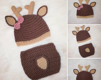 Crochet Deer Hat and Diaper Cover Set. Photo Prop. Baby. 0-3, 3-6, 6-12 months. - PATTERN ONLY