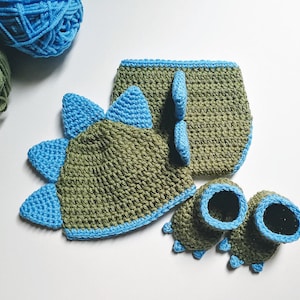 Crochet Dinosaur Hat, Diaper Cover, and Booties Pattern. Baby. 0-3, 3-6, and 6-12 months. PATTERN ONLY image 1