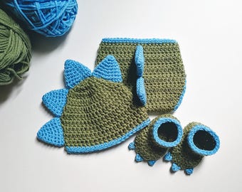 Crochet Dinosaur Hat, Diaper Cover, and Booties Pattern. Baby. 0-3, 3-6, and 6-12 months. - PATTERN ONLY