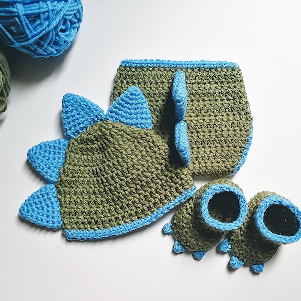 Crochet Dinosaur Hat, Diaper Cover, and Booties Pattern. Baby. 0-3, 3-6, and 6-12 months. - PATTERN ONLY