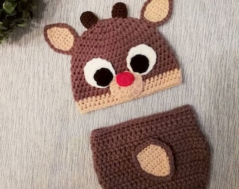 Crochet Rudolph Hat and Diaper Cover Set. Photo Prop. Baby. 0-3, 3-6, 6-12 months. - PATTERN ONLY