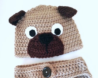 Crochet Pug Hat and Diaper Cover Set. Photo Prop. Baby. 0-3, 3-6, 6-12 months. - PATTERN ONLY