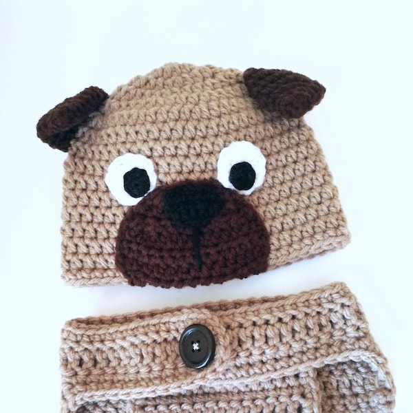 Crochet Pug Hat and Diaper Cover Set. Photo Prop. Baby. 0-3, 3-6, 6-12 months. - PATTERN ONLY