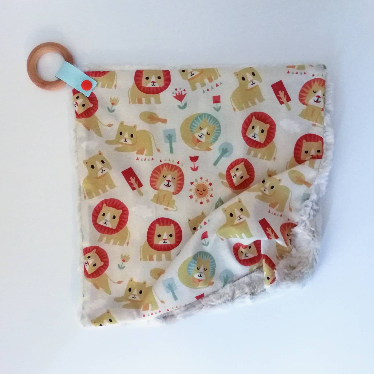 Lion Lovey Blanket with Wood Teething Ring. Minky Blanket. Etsy