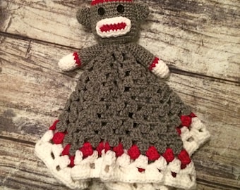 Crochet Sock Monkey Lovey Blanket. Sock Monkey Toy. Baby. Child.  - PATTERN ONLY