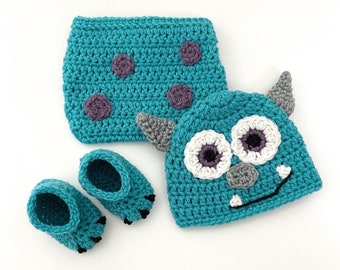 Crochet Monster Hat, Diaper Cover, and Booties set PATTERN. 0-3, 3-6, 6-12 months. Photo Prop. - PATTERN ONLY