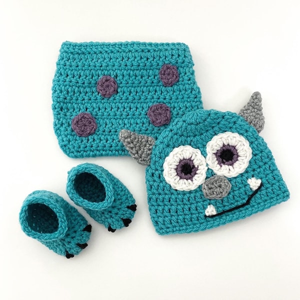 Padrão de chapéu de monstro de crochê, capa de fralda e botinhas (PDF)