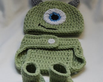 Crochet One-Eyed Monster Hat and Diaper Cover Set PATTERN. 0-3, 3-6, 6-12 months. Photo Prop. - PATTERN ONLY