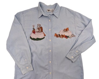 90s Vintage DISNEY Shirt Walt Disney Lady and the Tramp Embroidered Button Up Shirt Denim Shirt Chambray Long Sleeve Disney Catalog Large