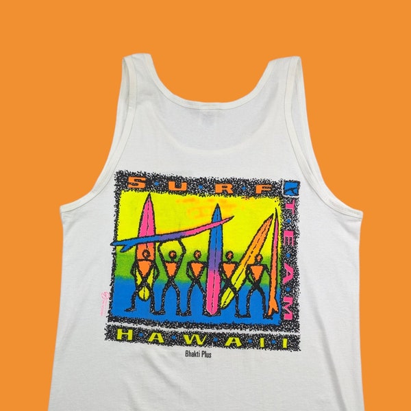 90s Vintage SURF Graphic Tank Surf Hawaii Big Back Graphic Neon Colors White Sleeveless Shirt Surfing Water Sports Summer Size L/XL