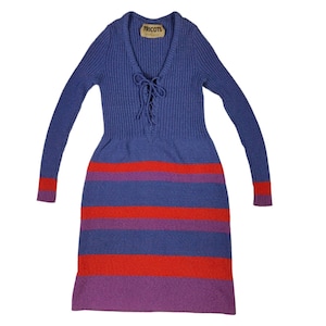 70s Vintage TRICOTS Sweater Dress Ribbed Knit Dress Lace Up Horizontal Striped Midi Length Tricots by Youth Guild Violet Blue Size Small