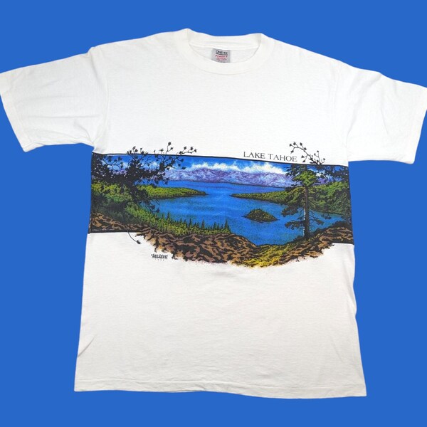 80er Jahre Vintage LAKE TAHOE T-Shirt 1988 Lake Tahoe Doppelseitiges Grafik T-Shirt Kalifornien Nevada Natur Single Stitch T-Shirt Oneita Power-T XL
