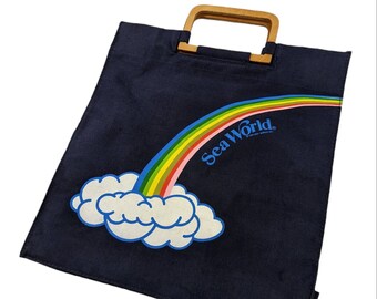 80s Vintage SEA WORLD Bag 1981 Sea World Tote Bag Rainbow Graphic Wooden Handles Navy Blue Hand Bag Travel Book Bag