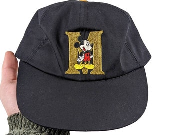 90s Vintage Mickey Mouse Hat, Gold M Logo, Black Strap Back