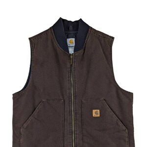 Vintage CARHARTT Dark Arctic Vest V02 DKB Quilt Lined Sandstone Duck Canvas Workwear Dark Brown Union Made in USA Size Large Regular