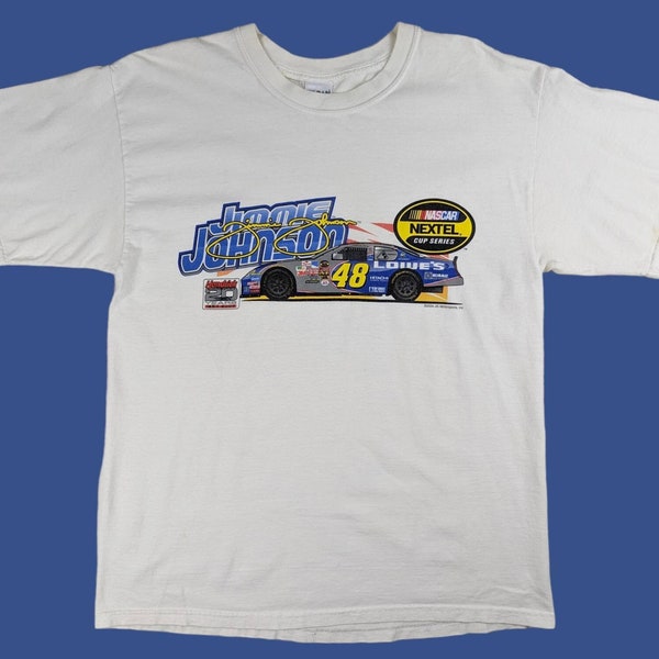 Y2k Vintage NASCAR T-Shirt Jimmie Johnson Graphic Tee Nascar Racing Lowes Race Car Nextel Cup Series White T-Shirt Size Large