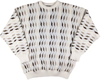 90s Vintage Geometric Print Knit Sweater Acrylic Knit Sweater Grandpa Style Fall Sweater Neutral Colors Alan Stuart Made in USA Size 2X