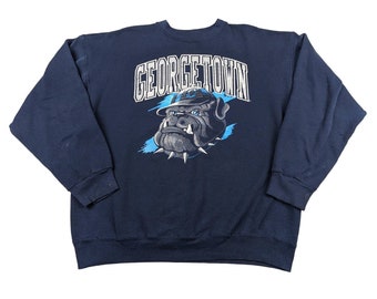 90s Vintage GEORGETOWN Crewneck Georgetown University Graphic Sweatshirt Hoyas Washington DC Jack the Bulldog Navy Blue Size Large