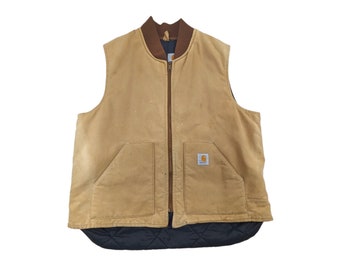 90s Vintage CARHARTT Vest VQ196 Insulated Zip Up Vest Tan Duck Canvas Workwear Union Made Size 2XL