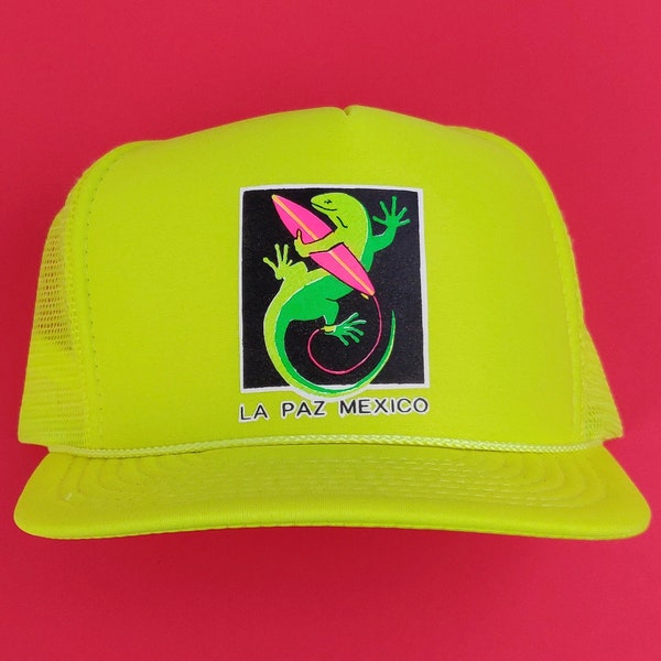 90s Vintage LA PAZ Hat La Paz Mexico Snap Back Hat Lizard Surf Beach Baja California Sur Vacation Nissin Cap Neon Yellow One Size