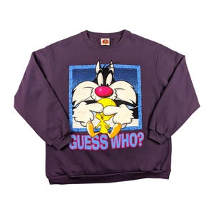 Sudadera con cuello redondo y estampado de los Looney Tunes de los años 90, de Silvestre el gato y Piolín, de 1998, para jóvenes, talla XL 14/16, color morado