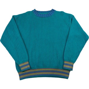 90s Vintage POLKA DOT Sweater Retro Polka Dot Colorful Striped Cotton Knit Sweater Teal Blue Size Medium
