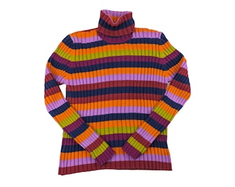90s Vintage Multi-Colored Horizontal Striped Ribbed Knit Pullover Sweater Oxford and Fulham Size Medium