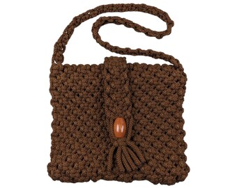 70s Vintage MACRAME Shoulder Bag Handmade Macrame Purse Wooden Bead Bohemian Woven Boho Festival Bag Satchel Fringe Brown