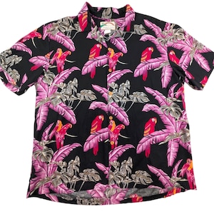 Vintage PARROT Hawaiian Shirt Vacation Button Up Shirt Tropical Leaves Magnum PI Tom Selleck Black and Purple Paradise Found Size XL