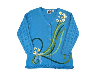 90s Vintage DAISY Sweater Embroidered Flowers Button Front Knit Cardigan Spring Bright Blue Storybook Knits Size Medium