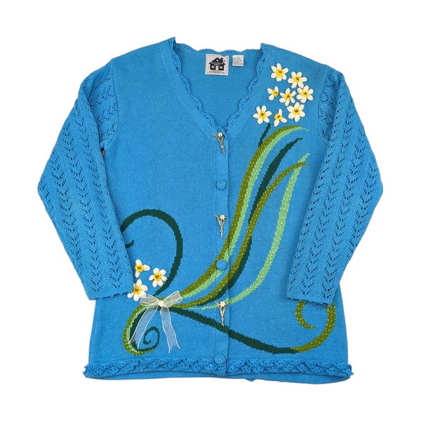 90s Vintage DAISY Sweater Embroidered Flowers Button Front Knit Cardigan Spring Bright Blue Storybook Knits Size Medium