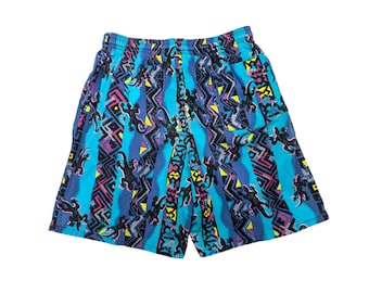 90s Vintage Kids Surf Shorts Retro Colorful Lizard Print Youth Size Medium