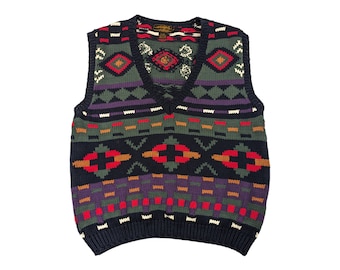 90s Vintage Southwestern Sweater Vest Cotton Knit V-Neck Pullover Sweater Vest Multi-Colored Colorful Aztec Pattern Eddie Bauer Size M/L