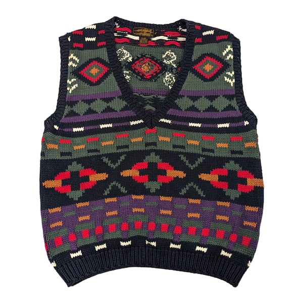 90s Vintage Southwestern Sweater Vest Cotton Knit V-Neck Pullover Sweater Vest Multi-Colored Colorful Aztec Pattern Eddie Bauer Size M/L