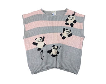 Pull PANDA vintage des années 90, pandas mignons, mélange de tricot acrylique animal, rayures horizontales, rose gris pastel, tricot à la main, grande taille
