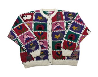 90s Vintage HAND KNIT Sweater Americana Country Folk Art Patchwork Button Up Cardigan Sweater Chunky Knit Sweater Flower Cat Moon Size L/XL