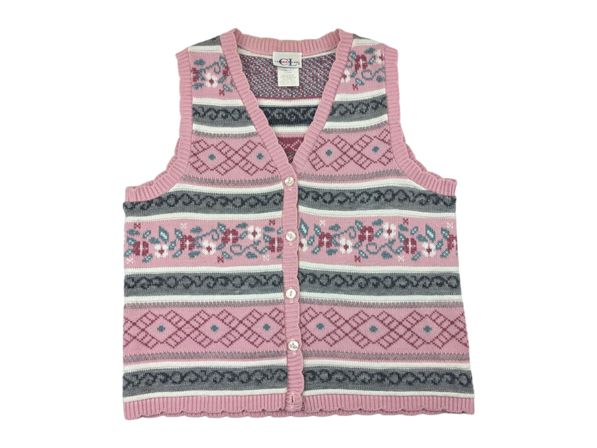 90s Streetwear Womens L Hand Embroidered Knit Flower