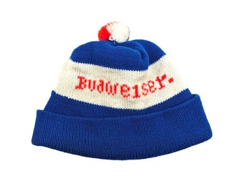 Vintage BUDWEISER Beanie Anheuser Busch Budwesier Beer Winter Hat Stocking Cap Pom Beanie Blue Acrylic Knit