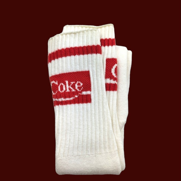 80s Vintage COKE Socks Retro Coca-Cola Tube Socks Classic Coke Soda Brand Merch Collectible White & Red High Socks Roller Skating Sportswear