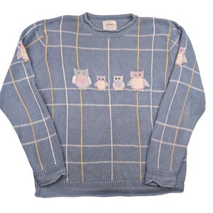 May include: A light blue sweater with a plaid pattern of white and yellow lines. The sweater features embroidered owl designs in pink, white, and tan. The sweater has a crew neck and long sleeves.