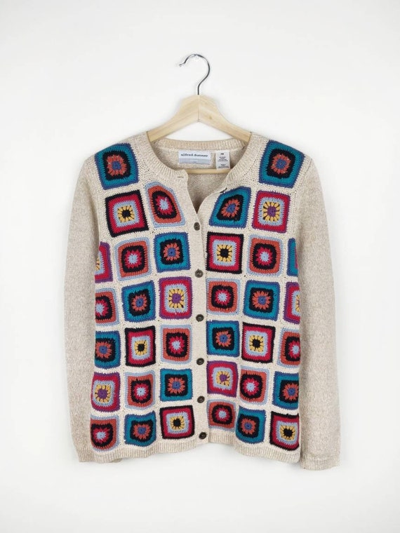 Vintage GRANNY SQUARE Cardigan Sweater Hand Knit C