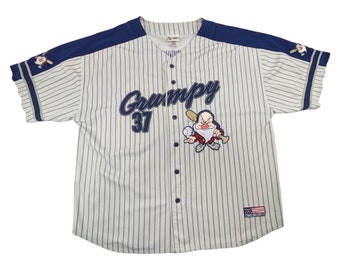 90s Vintage GRUMPY Baseball Jersey Shirt Button Up Snow White and the Seven Dwarfs Embroidered Pinstripe Walt Disney World Size XL