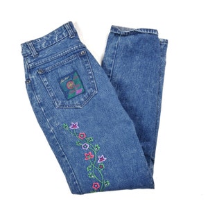 28&quot; taille | 90&#39;s Vintage FLOWER Jeans geborduurde Denim Broek High Rise Taps toelopende Been Dark Stonewash Denim Sergio Brand Modern Maat 6