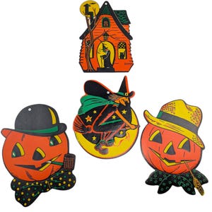 Vintage HALLOWEEN Wall Decor Witch Haunted House Pumpkin Halloween Die Cut Wall Decorations Spooky SET of 4 Beistle Made in USA