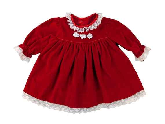 Vintage Red Velvet Baby Dress, White Lace Collar - 6 Months