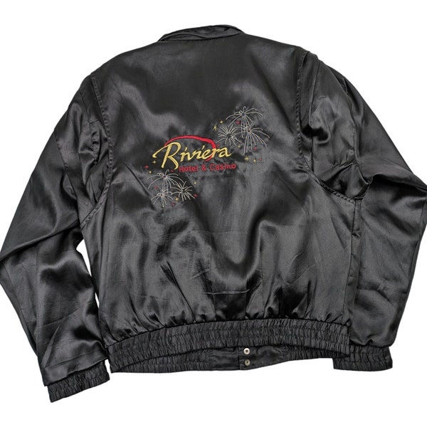 80s Vintage CASINO Chaqueta bordada Riviera Hotel Satin Bomber Chaqueta Histórico Casino Las Vegas Rat Pack High Roller Circe Tamaño M/L